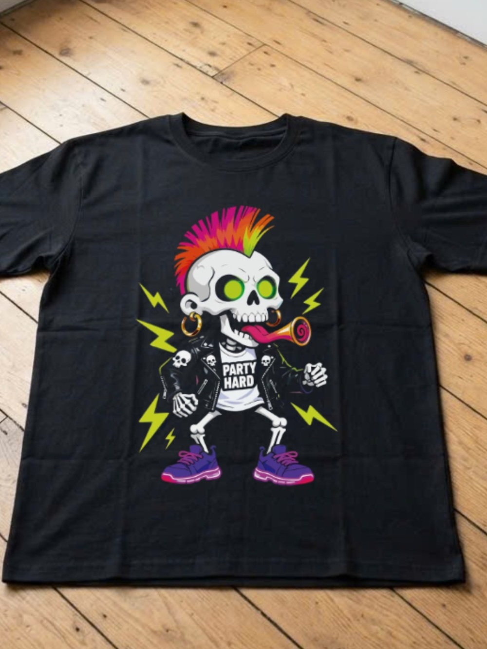 Gildan Black Tee with Neon Punk Skull Graphic